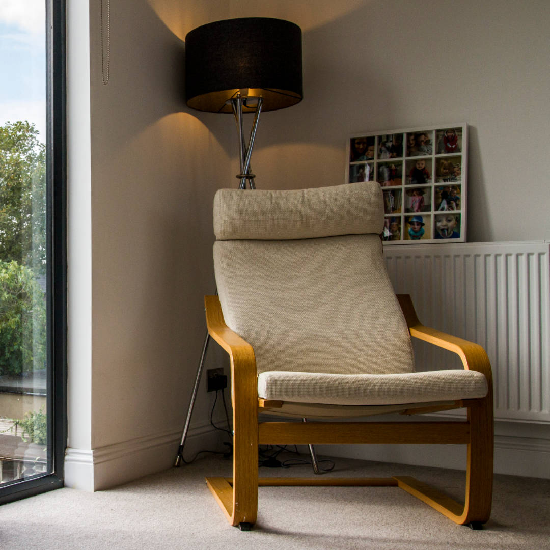 eltham-park-detail-bedroom-02 A modern chair takes pride of place in this bright, newly converted loft bedroom in Eltham, London.